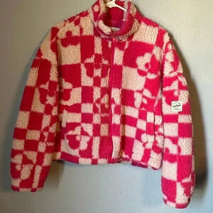 Wallflower Juniors Checkered Pink Fleece Jacket Size Medium